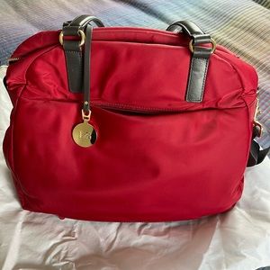 Lo & Sons O.M.G small Crimson Red/ Camel carry-on in small. Gold tone hardware